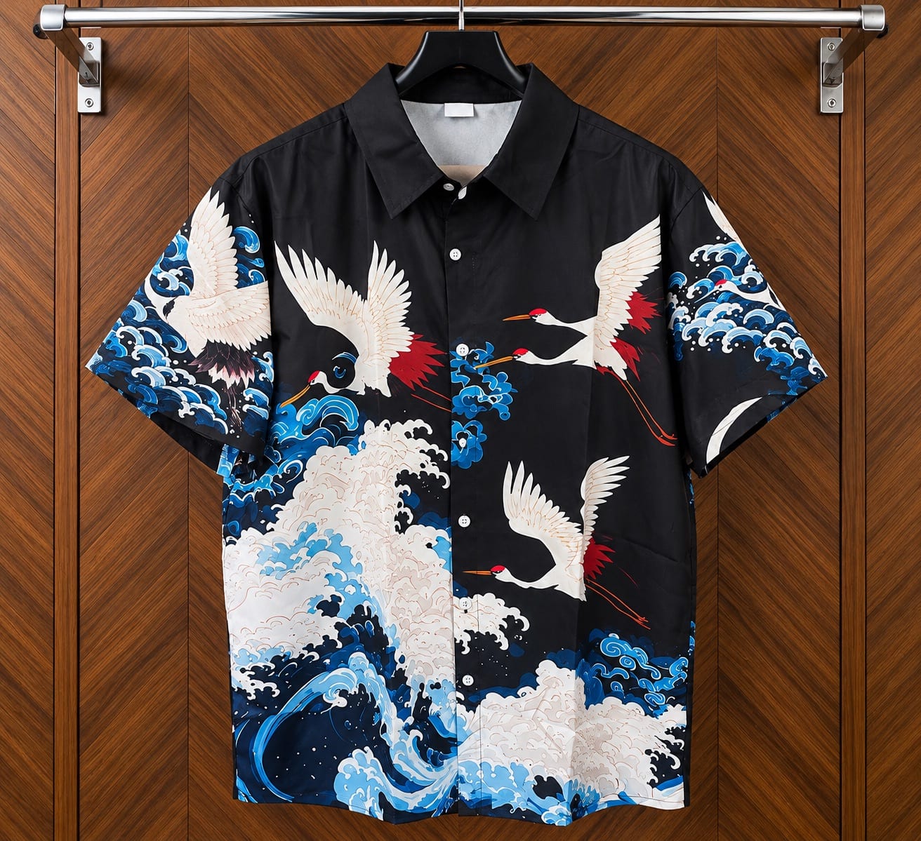 Black Crane & Wave Print Short-Sleeve Shirt