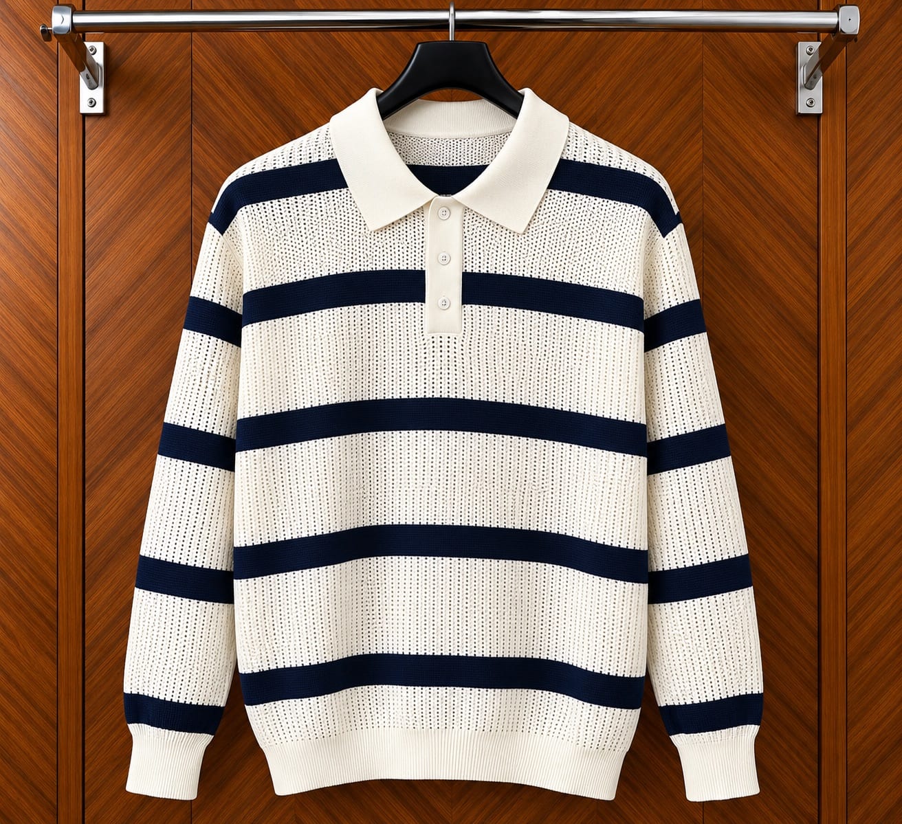 Cream and Navy Blue Striped Knitted Polo Sweater