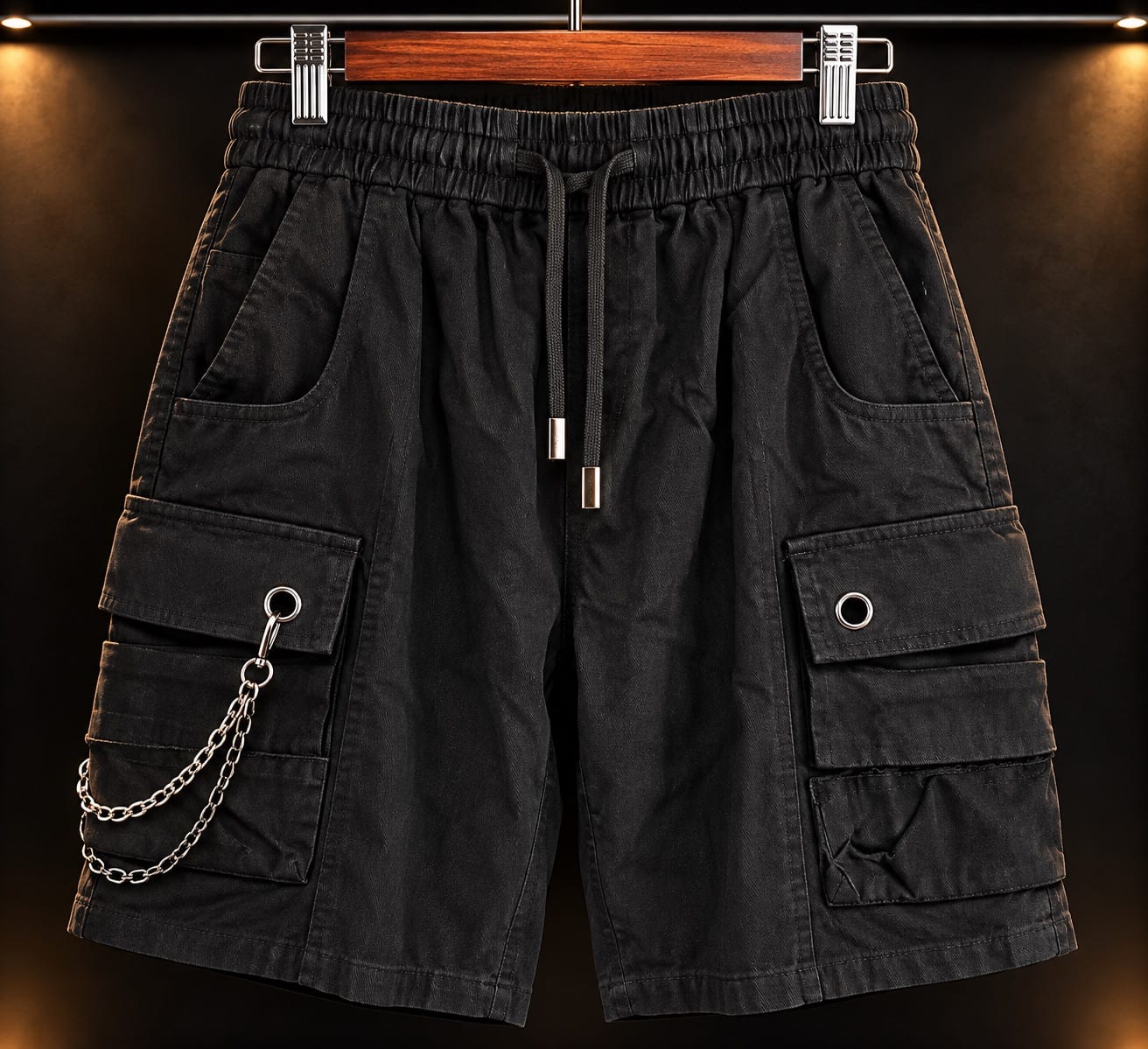 Men’s Black Utility Cargo Shorts with Chain Detail
