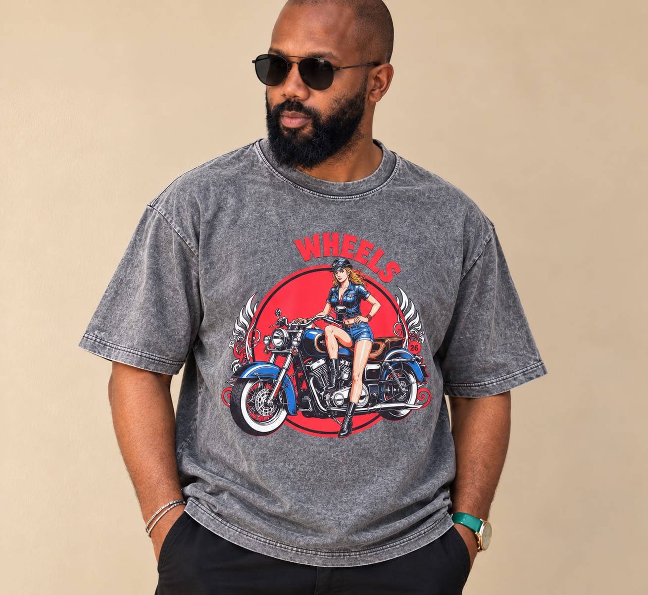 Washed Grey “Wheels” Motorcycle Graphic T-Shirt